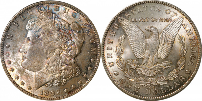 1892-CC Morgan Silver Dollar. MS-64 (PCGS).

Wisps of iridescent cobalt blue a...