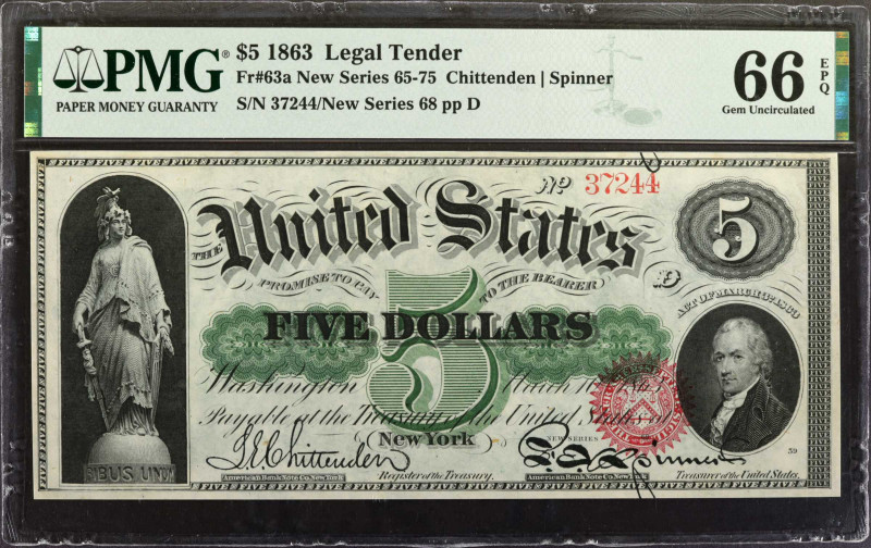 Fr. 63a. 1863 $5 Legal Tender Note. PMG Gem Uncirculated 66 EPQ.

New Series 6...
