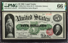Fr. 63a. 1863 $5 Legal Tender Note. PMG Gem Uncirculated 66 EPQ.

New Series 68. PMG comments "Exceptional Color & Embossing" on this fantastically ...
