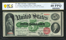 Fr. 63b. 1863 $5 Legal Tender Note. PCGS Banknote Extremely Fine 40 PPQ.

ABNC imprints. Two serial numbers. New Series 76. Dark cherry red overprin...