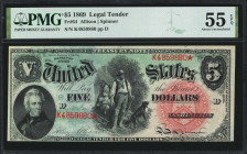 Fr. 64. 1869 $5 Legal Tender Note. PMG About Uncirculated 55 EPQ.

Large red spiked treasury seal. Dark green underprint stands out, with faint blue...