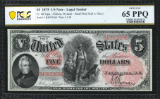 Fr. 68. 1875 $5 Legal Tender Note. PCGS Banknote Gem Uncirculated 65 PPQ.

Small red seal with rays. Allison - Wyman signature combination. A bright...