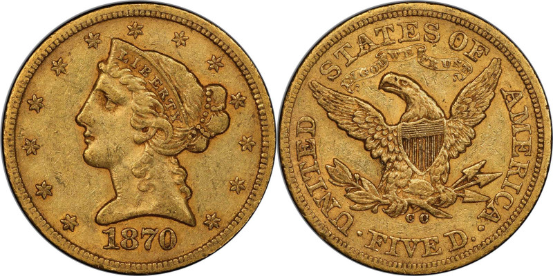 1870-CC Liberty Head Half Eagle. Winter 1-A, the only known dies. Die State I. E...