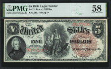 Fr. 71. 1880 $5 Legal Tender Note. PMG Choice About Uncirculated 58.

Bruce - Gilfillan signature combination. Large brown spiked treasury seal. Dar...