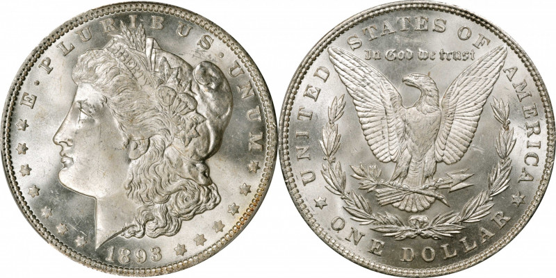 1893 Morgan Silver Dollar. MS-65+ (PCGS).

Breathtaking silver-white surfaces ...