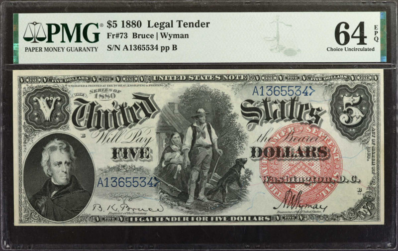 Fr. 73. 1880 $5 Legal Tender Note. PMG Choice Uncirculated 64 EPQ.

Blue seria...