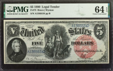 Fr. 73. 1880 $5 Legal Tender Note. PMG Choice Uncirculated 64 EPQ.

Blue serial numbers. Bruce - Wyman signature combination. Large red plain seal. ...
