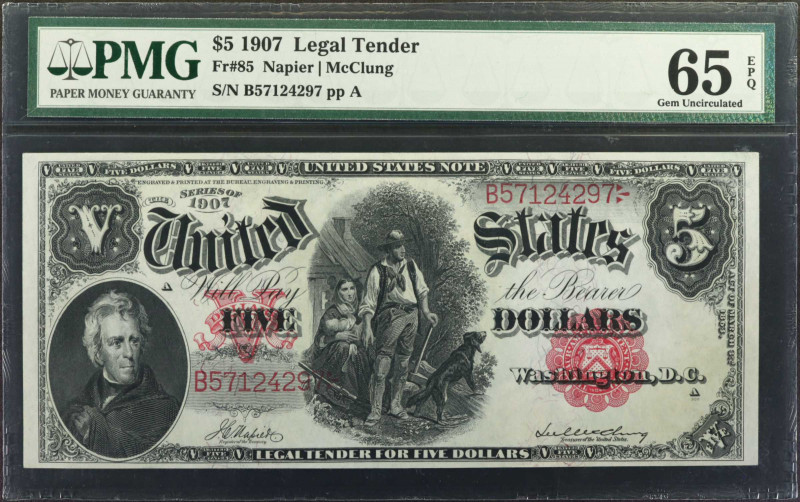 Fr. 85. 1907 $5 Legal Tender Note. PMG Gem Uncirculated 65 EPQ.

Napier - McCl...