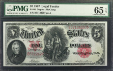 Fr. 85. 1907 $5 Legal Tender Note. PMG Gem Uncirculated 65 EPQ.

Napier - McClung signature combination. Exceptionally printed inks accentuate the d...