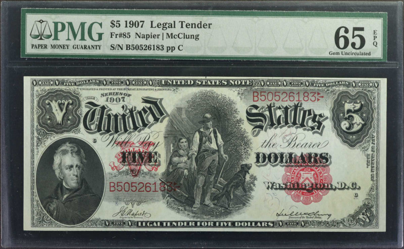 Fr. 85. 1907 $5 Legal Tender Note. PMG Gem Uncirculated 65 EPQ.

Bold ruby red...