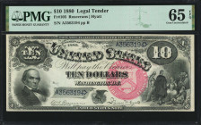 Fr. 105. 1880 $10 Legal Tender Note. PMG Gem Uncirculated 65 EPQ.

Rosecrans - Hyatt signature combination. Large red treasury seal with bold blue s...