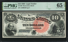 Fr. 106. 1880 $10 Legal Tender Note. PMG Gem Uncirculated 65 EPQ.

Rosecrans - Hyatt signature combination with large red spiked treasury seal. An e...