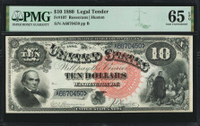 Fr. 107. 1880 $10 Legal Tender Note. PMG Gem Uncirculated 65 EPQ.

Rosecrans - Huston signature combination with large red spiked treasury seal. Thi...