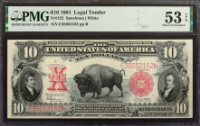 Fr. 122. 1901 $10 Legal Tender Note. PMG About Uncirculated 53 EPQ.

Lewis and Clark are seen at opposing ends of the note, with a Bison at center. ...