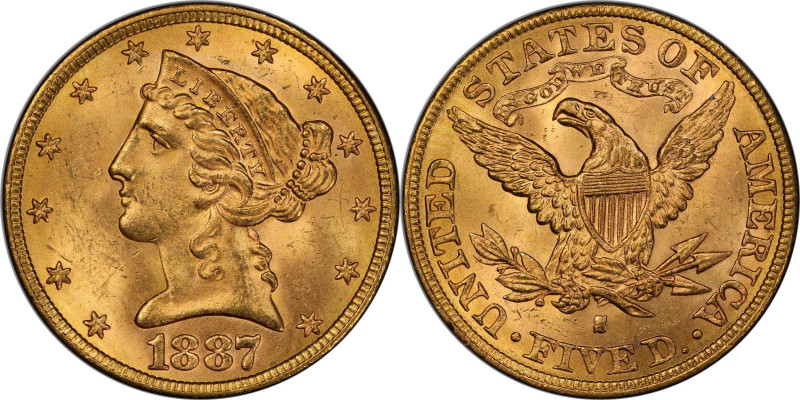 1887-S Liberty Head Half Eagle. MS-64 (PCGS). CAC.

Frosty pinkish-gold surfac...