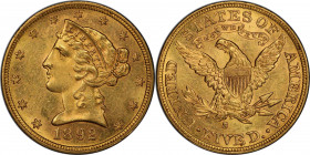 1892-S Liberty Head Half Eagle. MS-63 (PCGS). CAC.

Attractive semi-prooflike fields support frosty, smartly impressed devices. Drenched in deep hon...