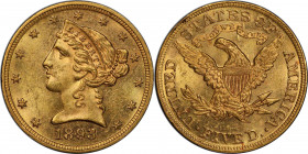 1893 Liberty Head Half Eagle. MS-62+ (PCGS). CAC.

A frosty, modestly semi-reflective example with a razor sharp strike and wonderfully original ora...