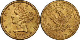 1893-S Liberty Head Half Eagle. MS-62 (PCGS). CAC.

Frosty honey-rose surfaces reveal tinges of semi-prooflike reflectivity in the fields. Attractiv...