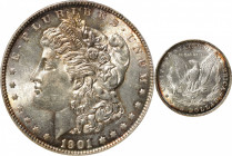 1901 Morgan Silver Dollar. MS-62 (NGC). OH.

Sharply struck and lustrous with enhancing blushes of reddish-gold and cobalt blue toning that are bold...