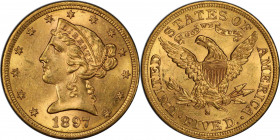 1897-S Liberty Head Half Eagle. MS-62 (PCGS).

Visually appealing honey-apricot surfaces reveal a tinge of pale olive under a light. Fully lustrous ...