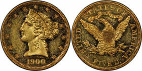 1900 Liberty Head Half Eagle. JD-1, the only known dies. Rarity-4. Proof-58 (PCGS). CAC.

Handsome golden-olive surfaces offer plenty of mirrored re...