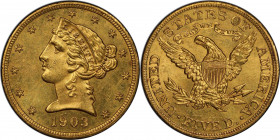 1903 Liberty Head Half Eagle. MS-64 (PCGS). CAC.

Lively semi-prooflike surfaces are enhanced by vivid color in deep golden-olive. Similar in scarci...