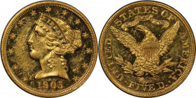 1905 Liberty Head Half Eagle. JD-1, the only known dies. Rarity-5. Proof-60 (PCGS).

Fully impressed surfaces reveal modest cameo-like contrast betw...