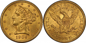 1906 Liberty Head Half Eagle. MS-64 (PCGS). CAC.

Sharply struck with frosty rose-gold surfaces, this delightful near-Gem would make an attractive a...