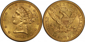 1908 Liberty Head Half Eagle. MS-62 (PCGS). CAC.

This lovely golden-rose example possesses semi-reflectivity in the fields that enhances an otherwi...