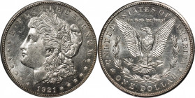 1921-D Morgan Silver Dollar. MS-64 PL (NGC).

This stunning near-Gem is brilliant apart from wisps of soft antique-gold peripheral toning that are m...