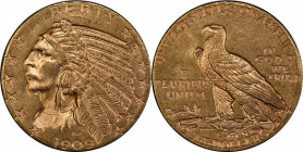 1909-D Indian Half Eagle. MS-63 (PCGS). CAC.

Nicely struck with vivid pink and olive-gold colors, and lively mint luster that enhances this coin's ...