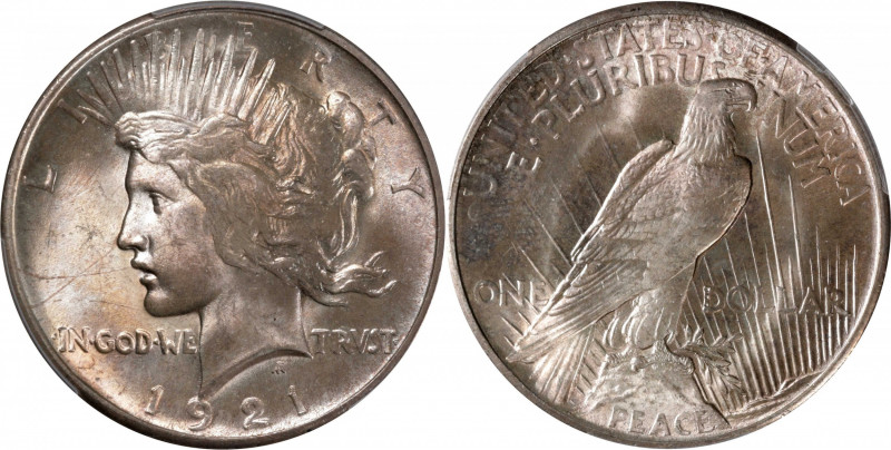 1921 Peace Silver Dollar. High Relief. MS-65 (PCGS).

Pretty pinkish-silver ir...