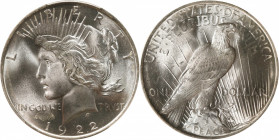1922 Peace Silver Dollar. MS-66+ (PCGS). CAC.

This wonderfully original Gem is bathed in thick, rich, frosty textured luster. Both sides are fully ...