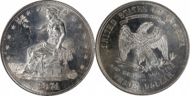 1874-CC Trade Dollar. MS-63 (PCGS). OGH.

A brightly lustrous, frosty-textured piece that is sharply struck in all but one or two isolated areas. Br...