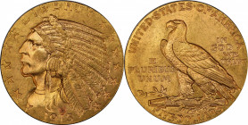 1915 Indian Half Eagle. MS-64 (PCGS). CAC.

Satin to softly frosted surfaces are enhanced by vivid golden-apricot color. Sharply struck throughout w...