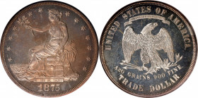 1875 Trade Dollar. Type I/I. Proof-65 (NGC).

The obverse is moderately toned in sandy-tan and steel-blue hues, the reverse is bright and essentiall...