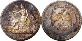 1877 Trade Dollar. Proof-64 Cameo (PCGS).

Frosty motifs and richly reflective fields support intense purple and golden hues. A pleasing cameo Proof...