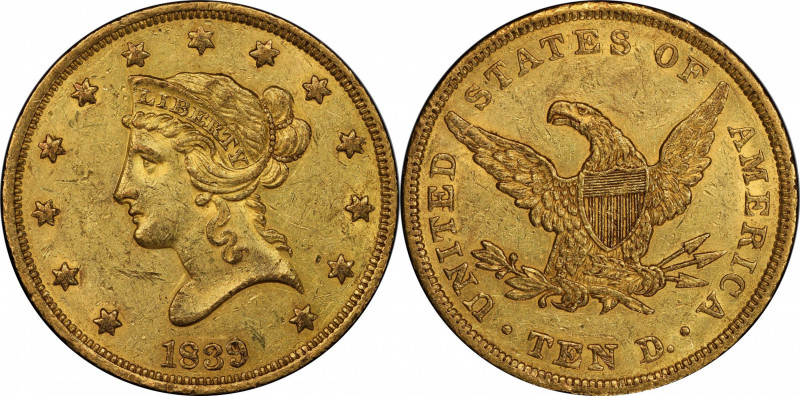 1839/8 Liberty Head Eagle. Type of 1838, Large Letters. AU-55+ (PCGS). CAC.

T...