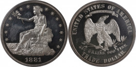 1881 Trade Dollar. Proof-63 Cameo (PCGS).

Untoned silver-white surfaces with bold cameo contrast between the fields and devices. Nicely struck and ...