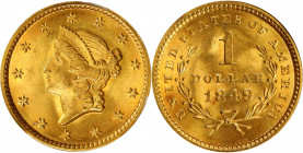 1849 Gold Dollar. Open Wreath, With L. MS-66 (PCGS).

A lovely coin of the later variety for the year with a tiny letter L, for the designer, J.B. L...