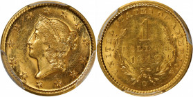 1849-O Gold Dollar. Winter-3. MS-62+ (PCGS).

Warmly patinated in honey-gold, this handsome piece also displays sharp striking detail where allowed ...