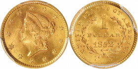 1852 Gold Dollar. MS-65 (PCGS).

Subtle traces of tangerine-gold patina accent each side of this beautiful Gem. Sharply struck and showing intricate...