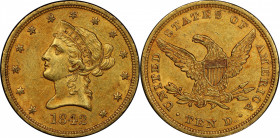 1842 Liberty Head Eagle. Large Date, Crosslet 4. AU-58 (PCGS). CAC.

Appealing honey-rose surfaces are lustrous for the grade with full striking det...