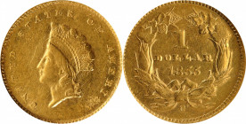1855-C Gold Dollar. Type II. Winter-2. AU-55 (NGC).

Bright yellow-gold with considerable luster remaining. Poorly struck as typical for the date, b...