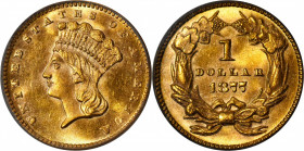 1877 Gold Dollar. MS-64 (PCGS). CAC.

Satiny, fully impressed devices contrast nicely with more mirror-finish fields. A lovely near-Gem with warm, d...