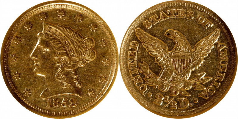 1852-D Liberty Head Quarter Eagle. Winter 15-M, the only known dies. AU-55 (NGC)...