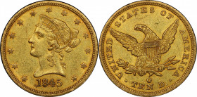 1845-O Liberty Head Eagle. Winter-1. Repunched Date. AU-58 (PCGS). CAC.

This lovely eagle is drenched in a bold blend of honey-olive and deep orang...