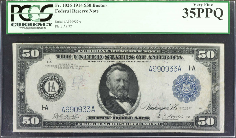 Fr. 1026. 1914 $50 Federal Reserve Note. Boston. PCGS Currency Very Fine 35 PPQ....