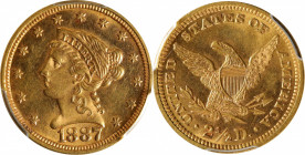 1887 Liberty Head Quarter Eagle. MS-63 (PCGS).

Bright yellow-gold with a pale olive sheen that engages the frosty motifs and the satiny, partially ...