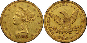 1846/'5'-O Liberty Head Eagle. Winter-3. Repunched Mintmark. AU-58 (PCGS).

This nearly Uncirculated eagle retains traces of semi-prooflike reflecti...